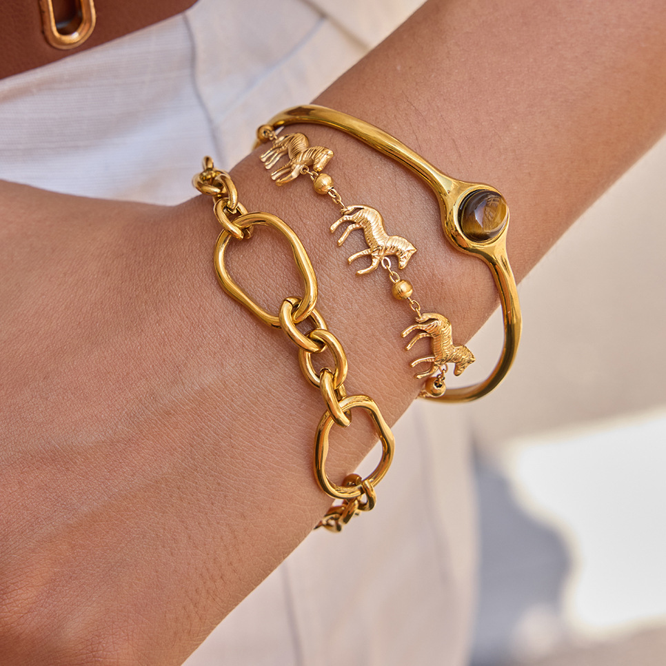Bracelet À Breloques Pour Femme, 1 Pièce, Luxueux, En Acier Inoxydable, Étanche, Couleur Or, Motif Zèbre. h5Image3