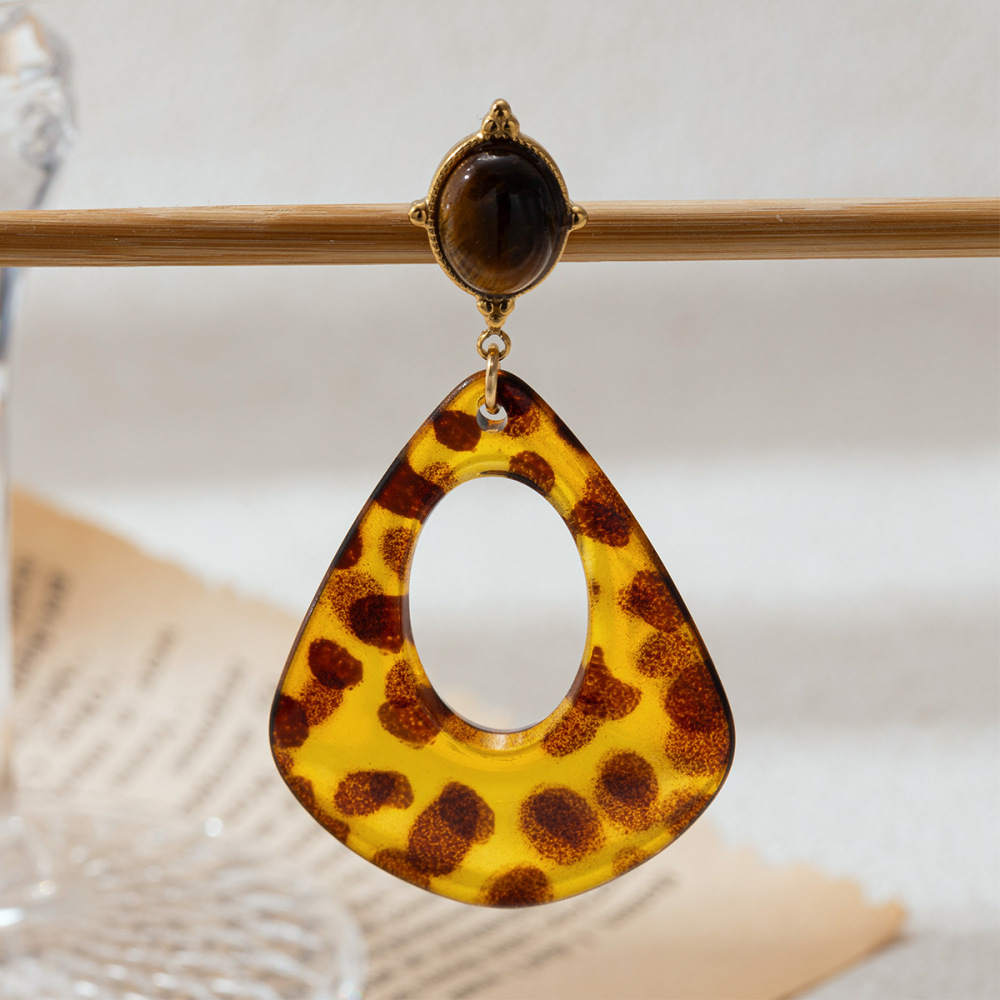 1 Paire De Boucles D'Oreilles Pendantes Rétro En Émail, Fleur, Acier Inoxydable, Couleur Or, Pierre Naturelle. Image3
