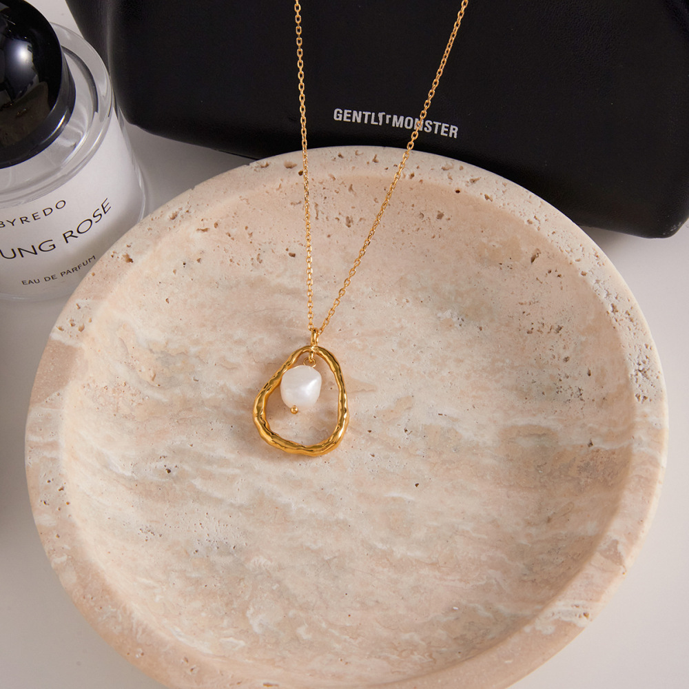 Collier Pendentif Femme En Acier Inoxydable Doré, Perle, Orné D'Une Goutte Romantique (1 Pièce) Image6