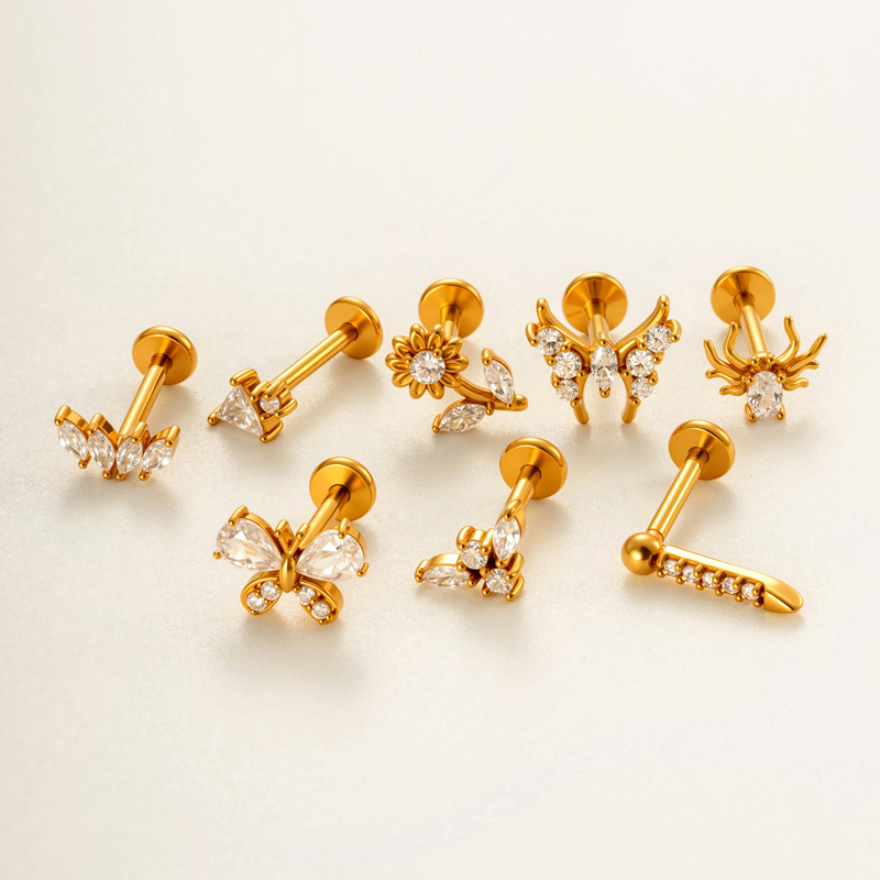Boucles D'Oreilles Piercing Femme, 1 Pièce, En Acier Inoxydable, Imperméables, Couleur Or, Avec Motif Fleur Et Papillon Et Zircon. Image5