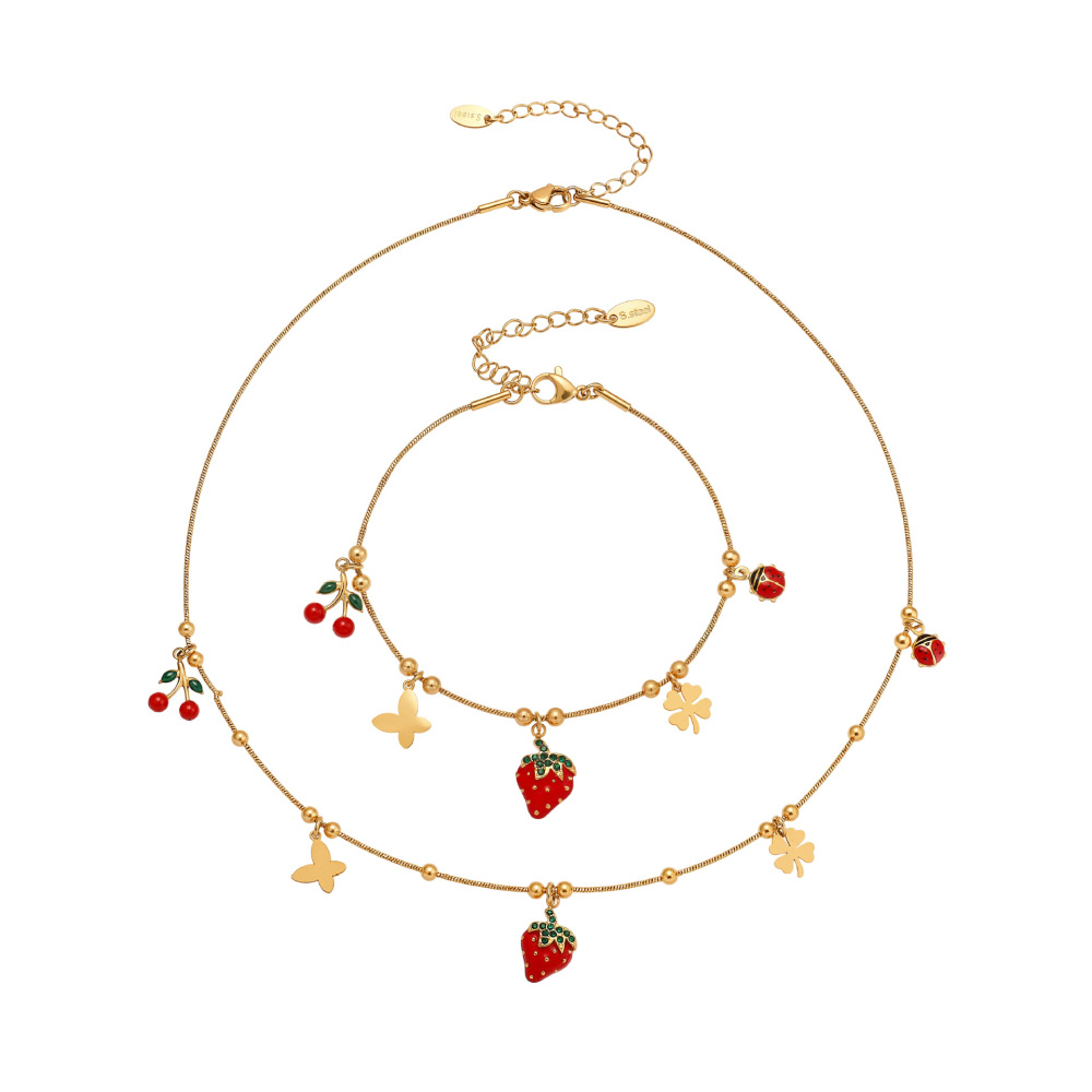 Ensembles De Bijoux Pour Femmes En Acier Inoxydable, Couleur Or, Zircon, Couleur Fraise Vive Image6