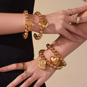 Bracelet Manchette Pour Femme, 1 Pièce, Perles En Forme De Cœur, Coquillage, Acier Inoxydable, Étanche, Couleur Or h5 Image4