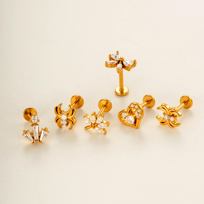 Boucles D'Oreilles Piercing Pour Femme, En Acier Inoxydable Doré, Ornées D'Un Nœud Papillon Et D'Un Serpent, Avec Zircon Et Motif Cœur Délicat. h5Image5