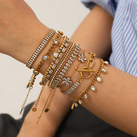 Bracelet de luxe en acier inoxydable, étanche, couleur or, avec zircon et chaîne (1 pièce). 2