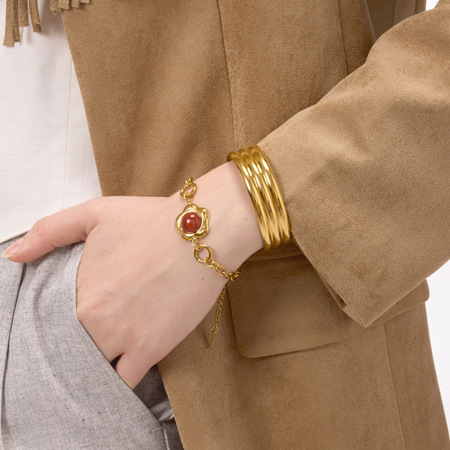 Bracelet à maillons pour femme, en acier inoxydable, imperméable, couleur or, orné d'une fleur luxueuse (1 pièce).