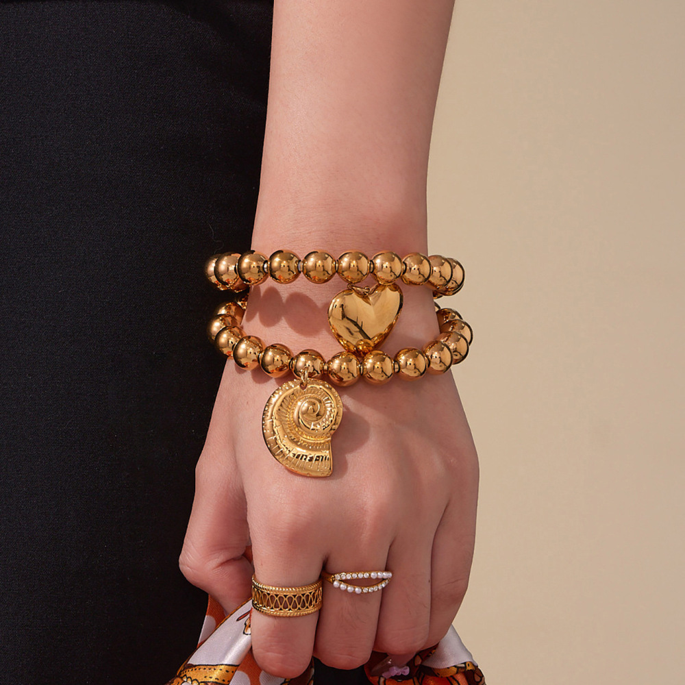 Bracelet Manchette Pour Femme, 1 Pièce, Perles En Forme De Cœur, Coquillage, Acier Inoxydable, Étanche, Couleur Or h5Image3