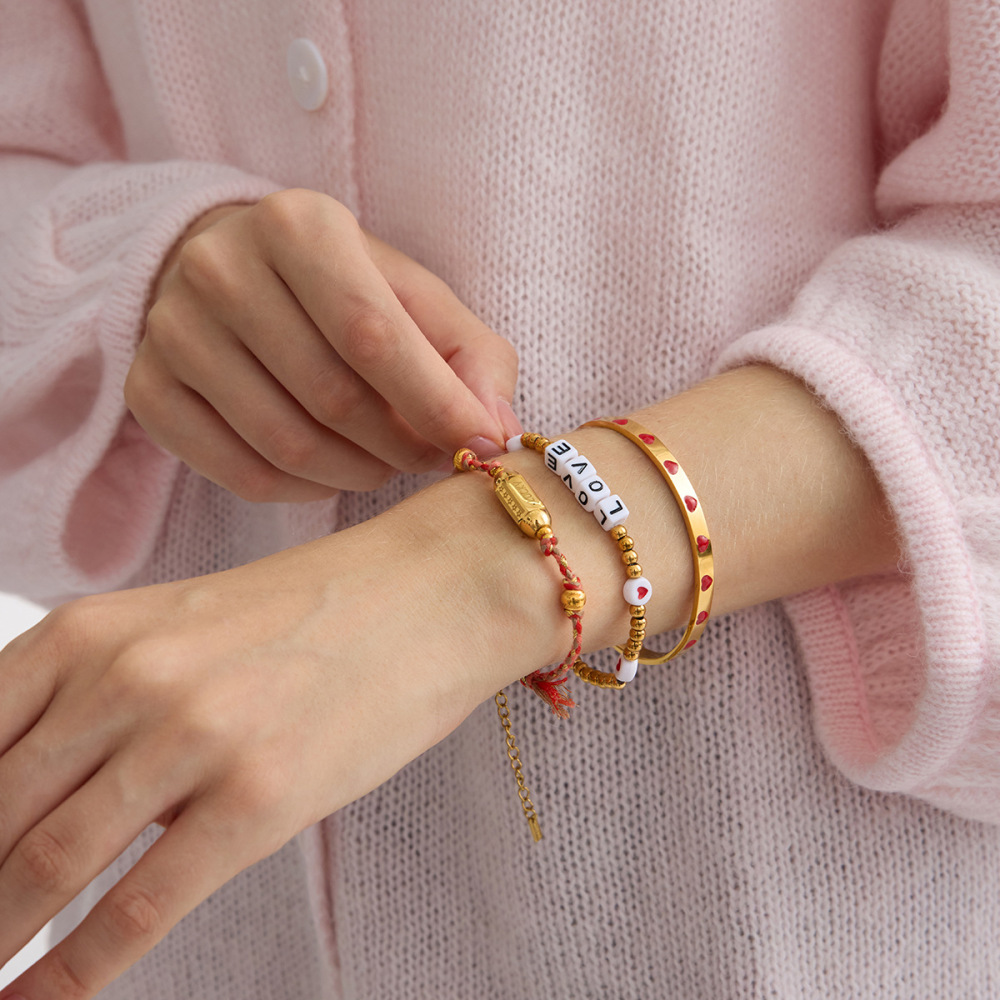 Bracelet Manchette Romantique En Acier Inoxydable Doré Avec Cœur Rouge (1 Pièce) h5Image3