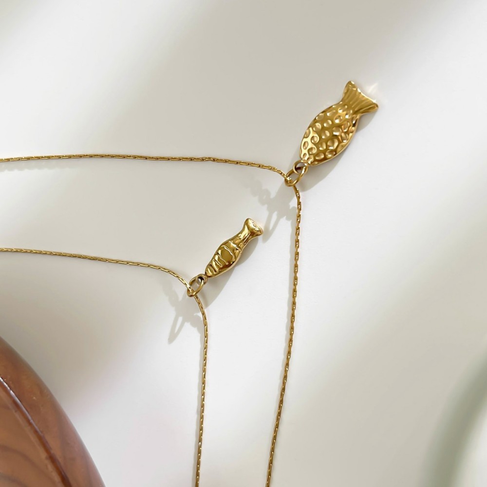 Collier Pendentif En Acier Inoxydable Doré, 1 Pièce, En Forme De Poisson h5Image4