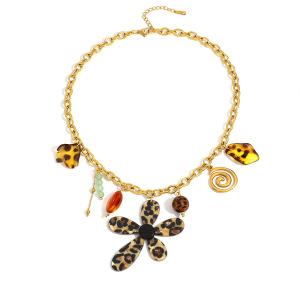 Collier Pendentif Femme En Acier Inoxydable Étanche, Motif Floral Ethnique Léopard (1 Pièce) h5 Image5