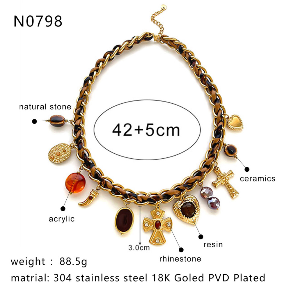 Collier Pendentif En Cuir Acrylique Couleur Or Avec Croix En Forme De Cœur, 1 Pièce Image2