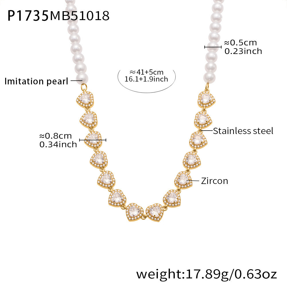 Collier De Perles Pour Femme En Acier Inoxydable, Orné De Zircon Doré Et De Perles En Forme De Cœur Brillant (1 Pièce) Image2
