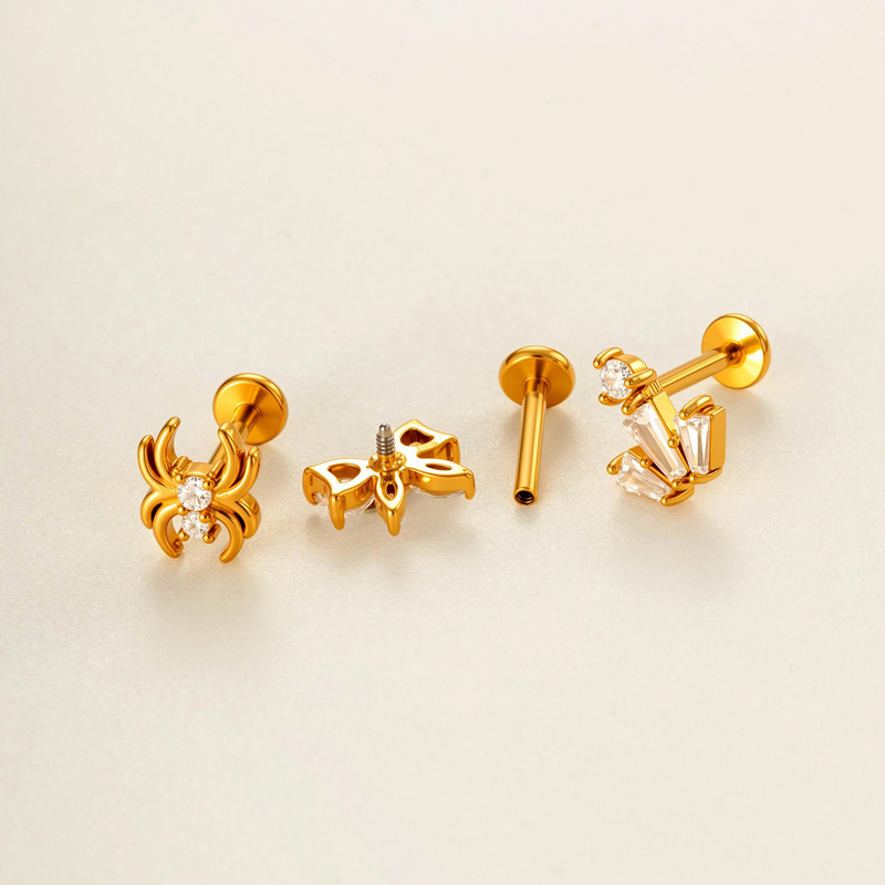 Boucles D'Oreilles Piercing Pour Femme, En Acier Inoxydable Doré, Ornées D'Un Nœud Papillon Et D'Un Serpent, Avec Zircon Et Motif Cœur Délicat. h5Image4