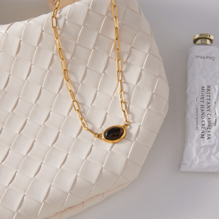 Collier pendentif rétro ovale en pierre naturelle, acier inoxydable étanche, couleur or, pour femme (1 pièce) 2