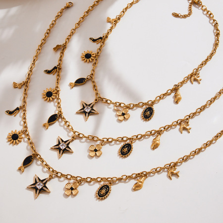 Collier pendentif femme rétro étoile noire en acier inoxydable étanche couleur or (1 pièce) 2