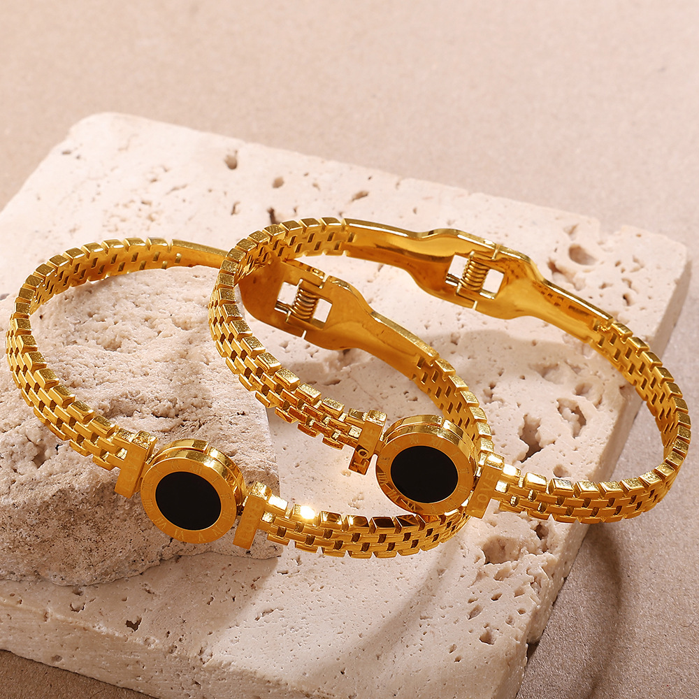 Bracelet Rétro Rond En Acier Inoxydable Étanche Couleur Or (1 Pièce) h5Image3