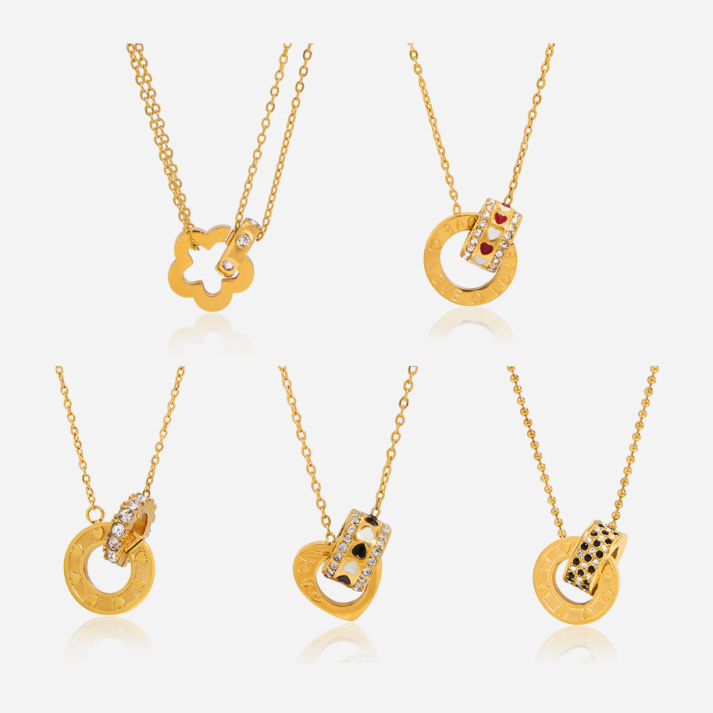 Collier Pendentif Double Cercle Luxueux Pour Femme, En Acier Inoxydable Étanche, Couleur Or (1 Pièce) Image3