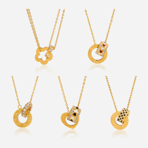 Collier Pendentif Double Cercle Luxueux Pour Femme, En Acier Inoxydable Étanche, Couleur Or (1 Pièce) h5 Image3