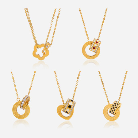 Collier pendentif double cercle luxueux pour femme, en acier inoxydable étanche, couleur or (1 pièce) 2