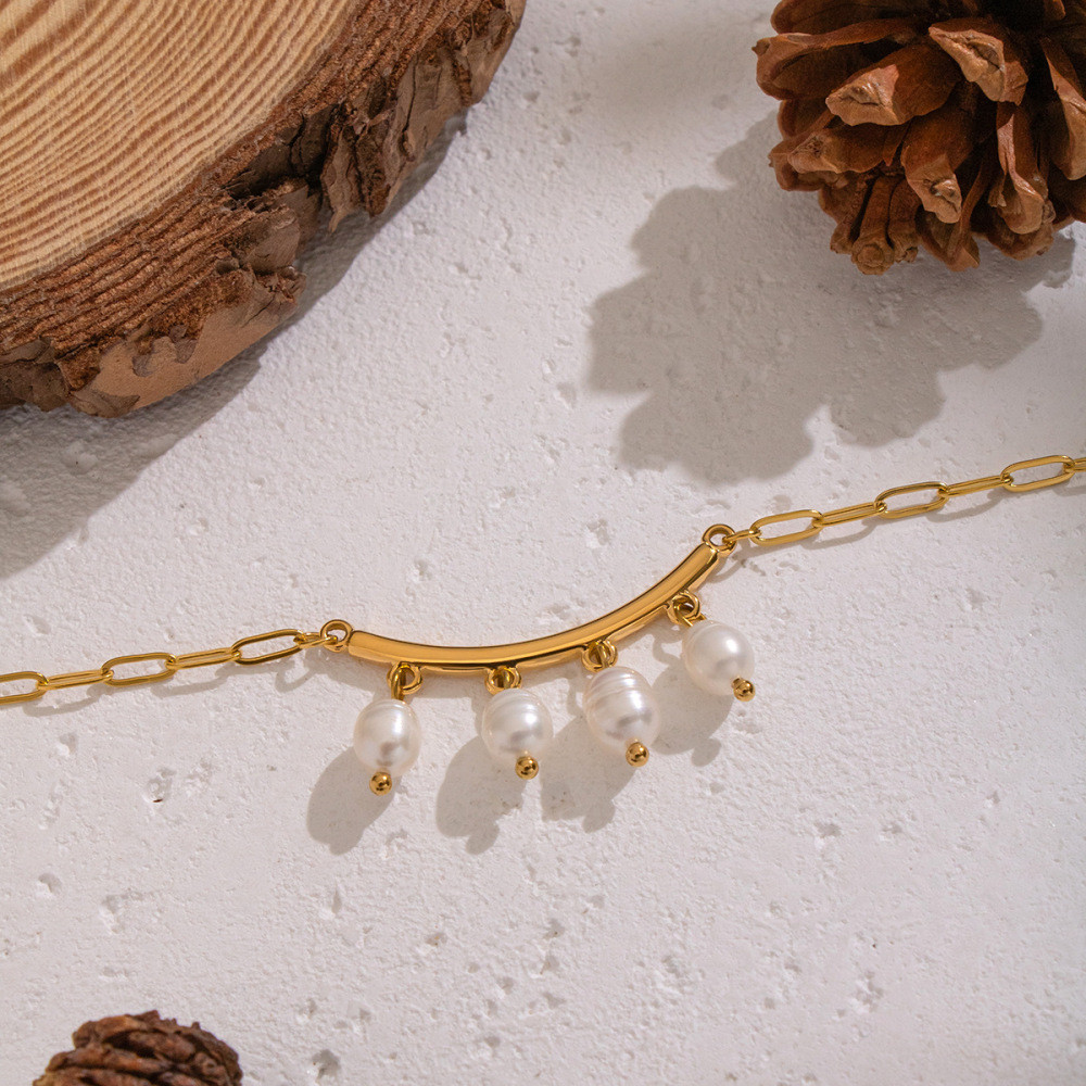 Collier Pendentif Romantique En Acier Inoxydable Étanche Couleur Or Avec Perle (1 Pièce) Image4