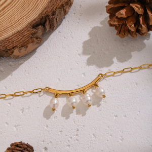 Collier Pendentif Romantique En Acier Inoxydable Étanche Couleur Or Avec Perle (1 Pièce) h5 Image4