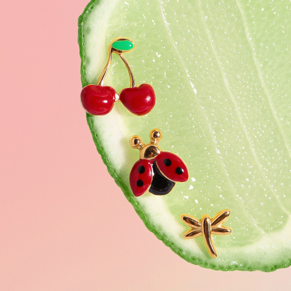1 Paire De Boucles D'Oreilles Pour Femme En Acier Inoxydable Doré, Couleur Cerise Vive Image3