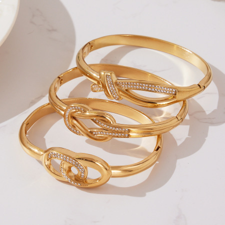 Bracelet jonc luxueux pour femme, en acier inoxydable torsadé, étanche, couleur or, orné de zircon (1 pièce) 2