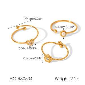 Ensemble De Bagues En Acier Inoxydable Imperméable Avec Zircon Doré En Forme De Cœur Et De Fleur h5 Image2