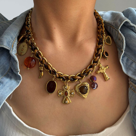 Collier pendentif en cuir acrylique couleur or avec croix en forme de cœur, 1 pièce