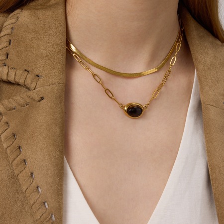 Collier pendentif rétro ovale en pierre naturelle, acier inoxydable étanche, couleur or, pour femme (1 pièce)