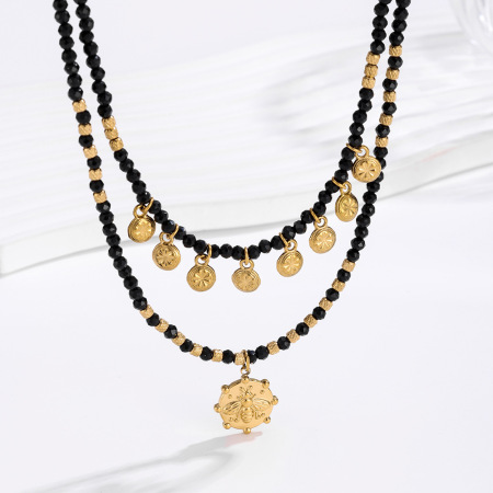 Collier Superposé Pour Femme, 1 Pièce, En Acier Inoxydable Imperméable, Orné D'Une Abeille Vintage En Spinelle Noire. 2