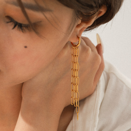 Boucles d'oreilles pendantes à chaîne et pompon, en acier inoxydable étanche, couleur or (1 paire).