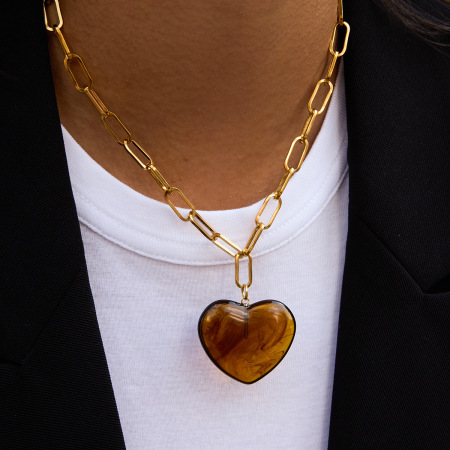 Collier pendentif femme en forme de cœur bohème, en acier inoxydable, couleur or, étanche, avec pendentif en acrylique.