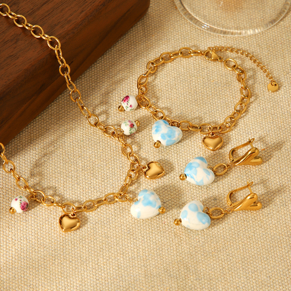 Collier Pendentif En Forme De Cœur En Céramique, Acier Inoxydable Étanche, Couleur Or Image5