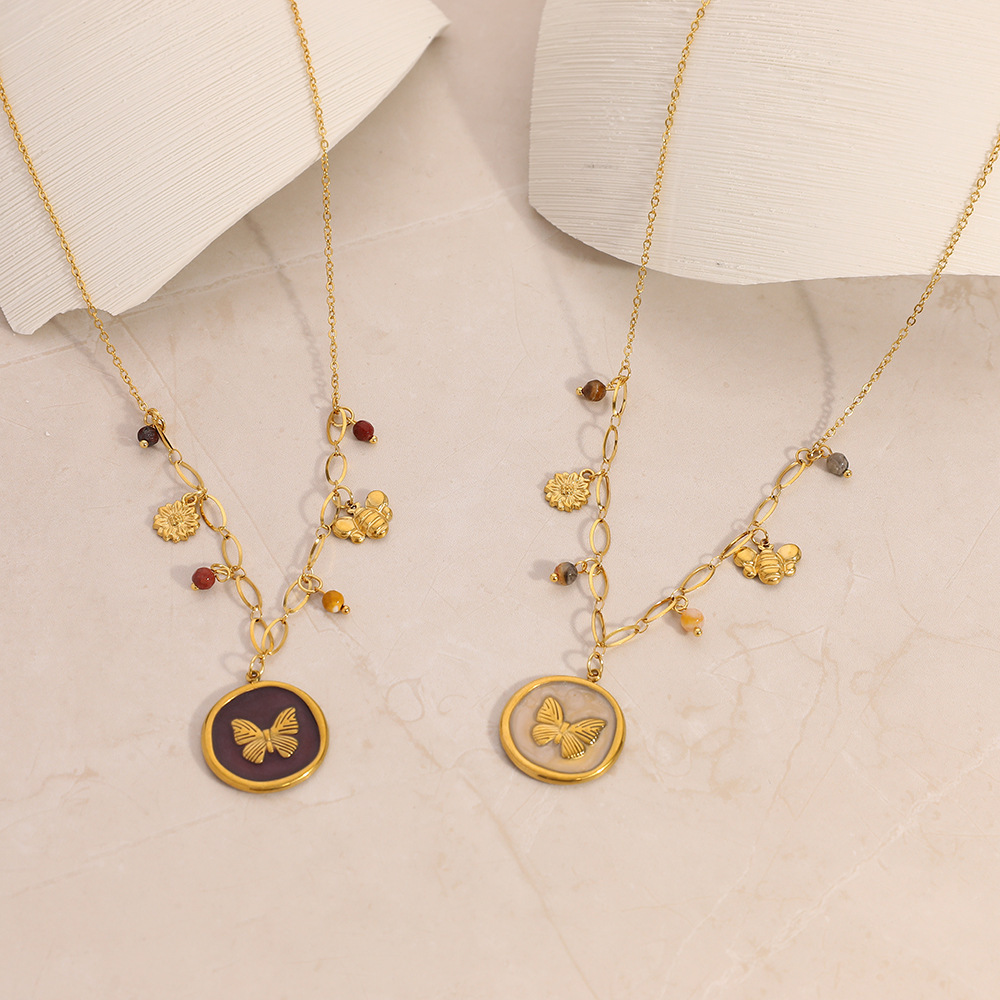 Collier Pendentif Papillon Rond En Acier Inoxydable Étanche Pour Femme (1 Pièce) Image2
