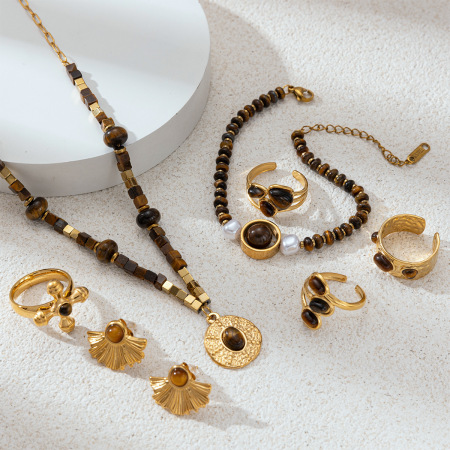 Ensemble de colliers en acier inoxydable étanches avec perles de pierre naturelle 2
