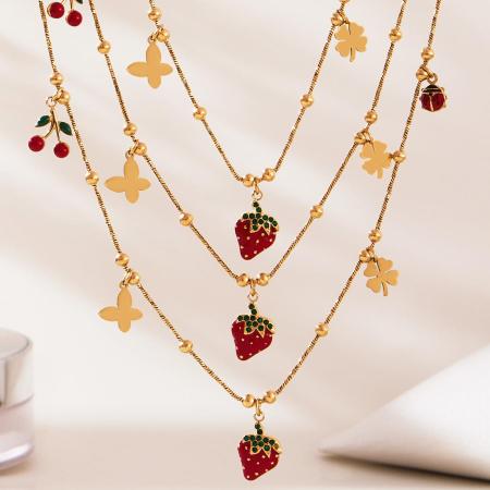 Ensembles de bijoux pour femmes en acier inoxydable, couleur or, zircon, couleur fraise vive 2