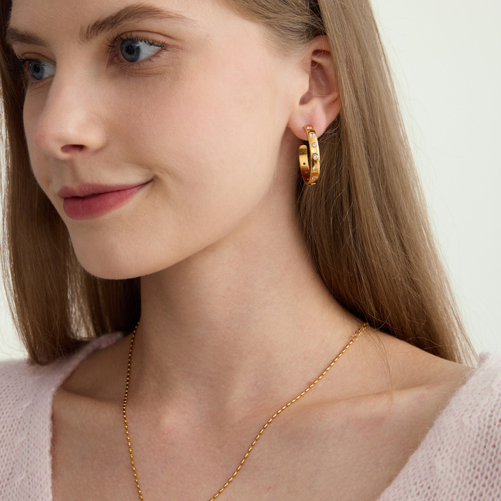 1 Paire De Boucles D'Oreilles Créoles Classiques Pour Femme, En Acier Inoxydable Étanche, Couleur Or. Image4