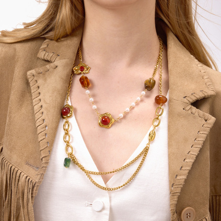 Collier pendentif femme rétro en acier inoxydable, couleur or, avec pendentif floral en acrylique (1 pièce)