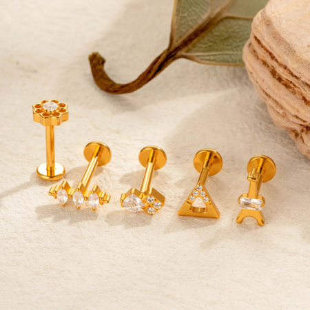 Boucles d'oreilles percées simples en alliage de titane et zircone couleur or pour femme, 1 pièce 2