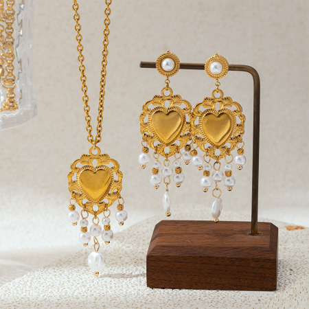 Ensemble de colliers à pompon et perles en acier inoxydable doré, en forme de cœur, étanches.