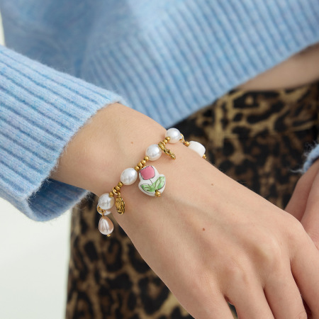 Bracelet à breloques fantaisie tulipe en acier inoxydable étanche couleur or pour femme (1 pièce) 2