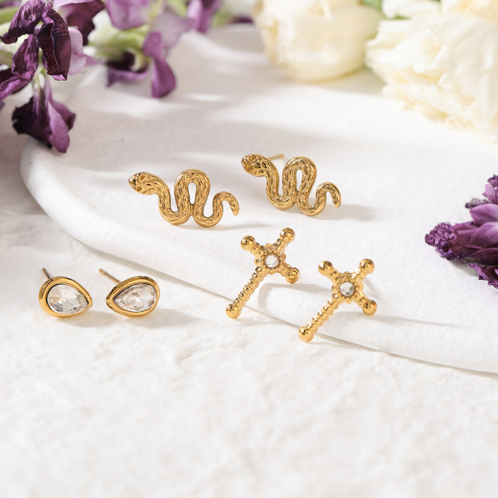 1 Ensemble De Boucles D'Oreilles De Luxe Pour Femme, En Acier Inoxydable Doré, Motif Serpent, Étanches. Image6