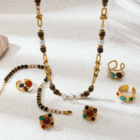 Ensemble de colliers pendentifs en acier inoxydable étanches avec perles de pierre naturelle