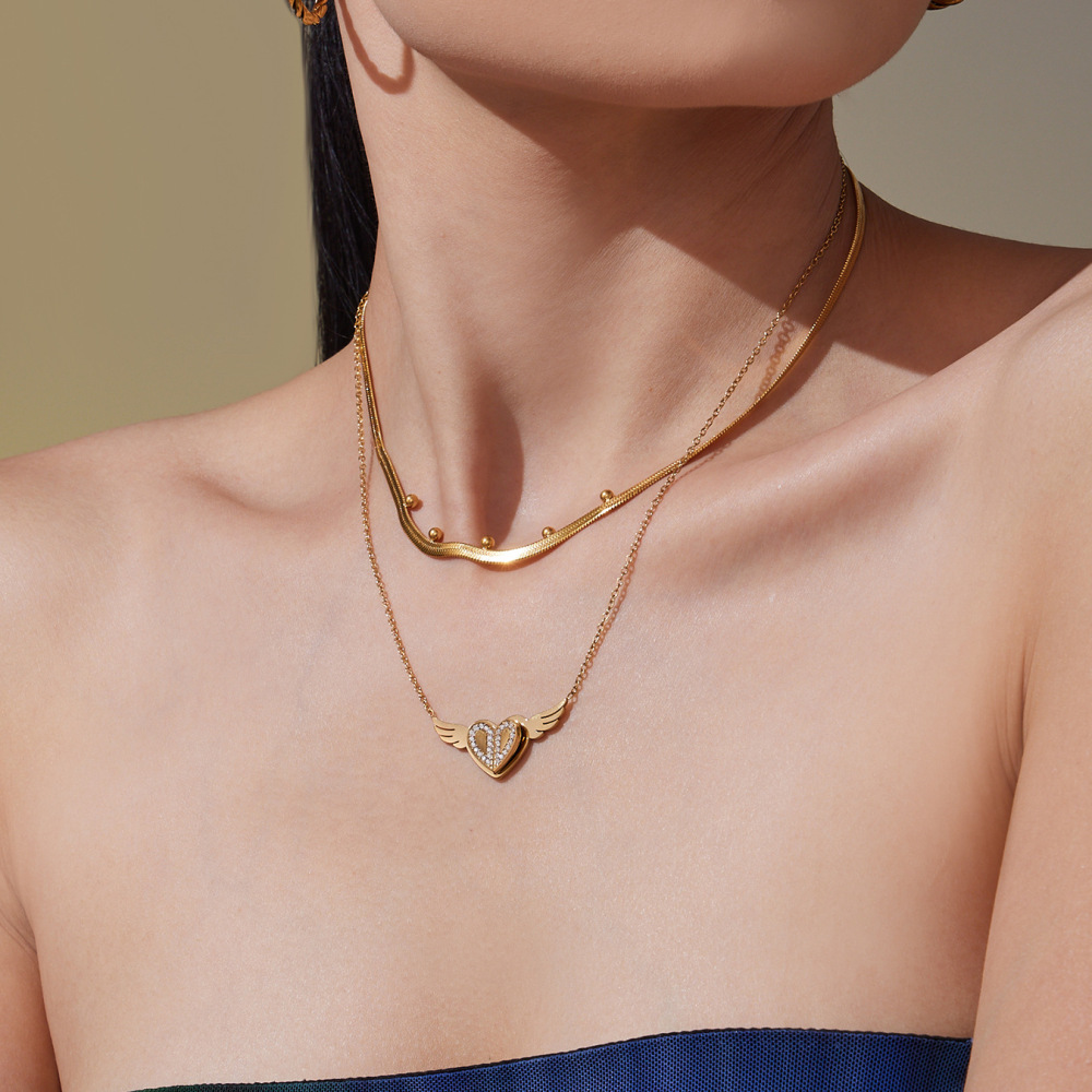 Collier Pendentif Femme Romantique En Acier Inoxydable, Couleur Or, Motif Cœur Et Balançoires (1 Pièce) Image5