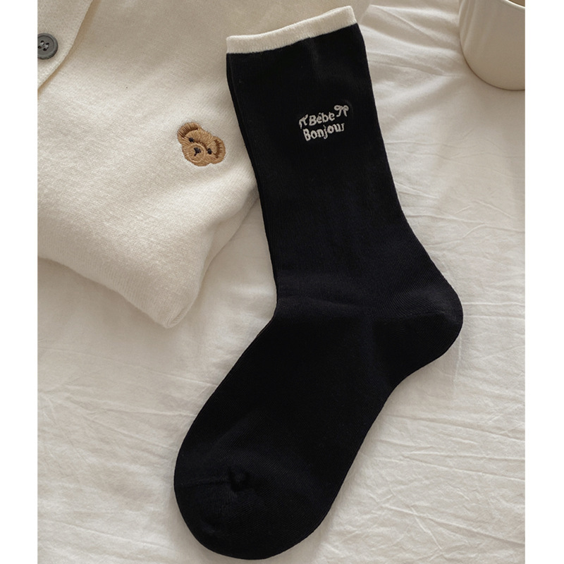 1 Paire De Chaussettes Mi-Mollet En Pur Coton Avec Lettres Brodées Pour Femme 