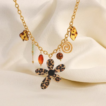 Collier pendentif femme en acier inoxydable étanche, motif floral ethnique léopard (1 pièce)