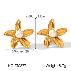1 Paire De Boucles D'Oreilles À Clous En Acier Inoxydable Doré, Imperméables, Avec Perles Et Motif Floral h5 Image2