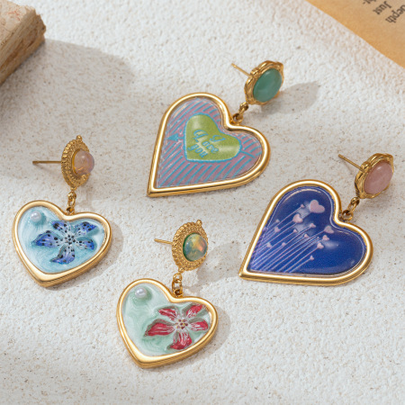 1 paire de boucles d'oreilles pendantes en forme de cœur, en acier inoxydable émaillé et pierre naturelle, étanches.