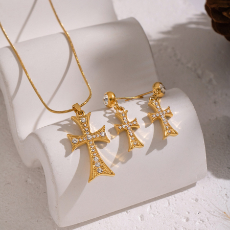 Ensemble collier et collier en acier inoxydable imperméable en forme de croix avec zircon doré 2