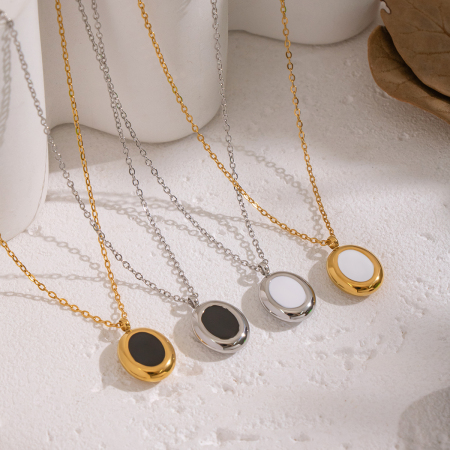Collier pendentif rond en acier inoxydable émaillé, étanche, couleur or (1 pièce)
